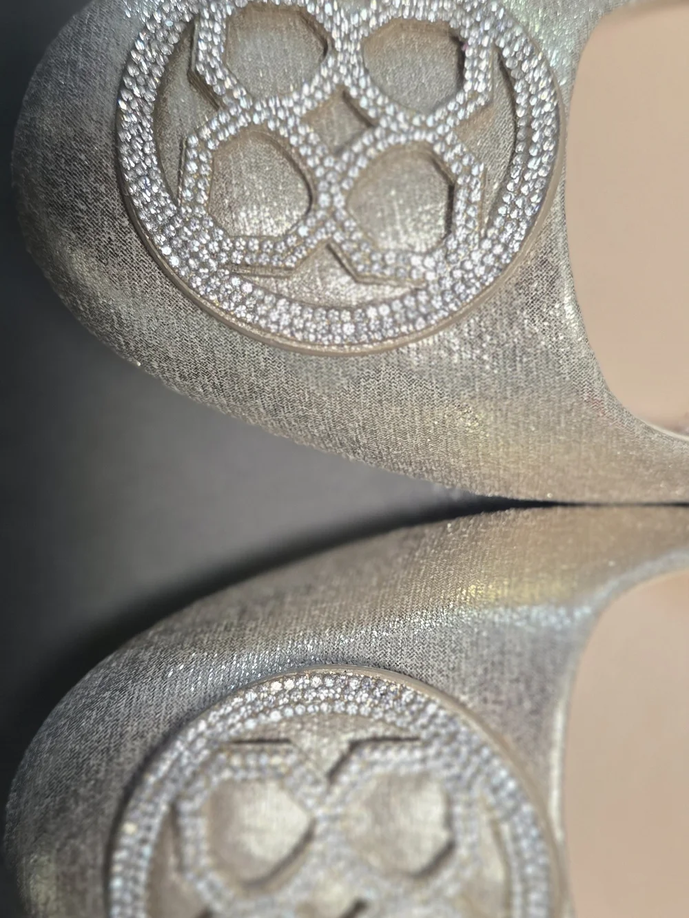 Kelly & Katie Metallic Champagne Ballet Flats with Rhinestone Medallion